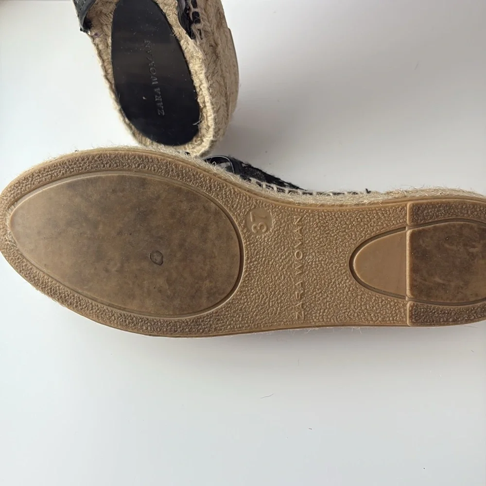 Zara Black Lace Crisscross Espadrille Woven Jute Platform Slide Sandals